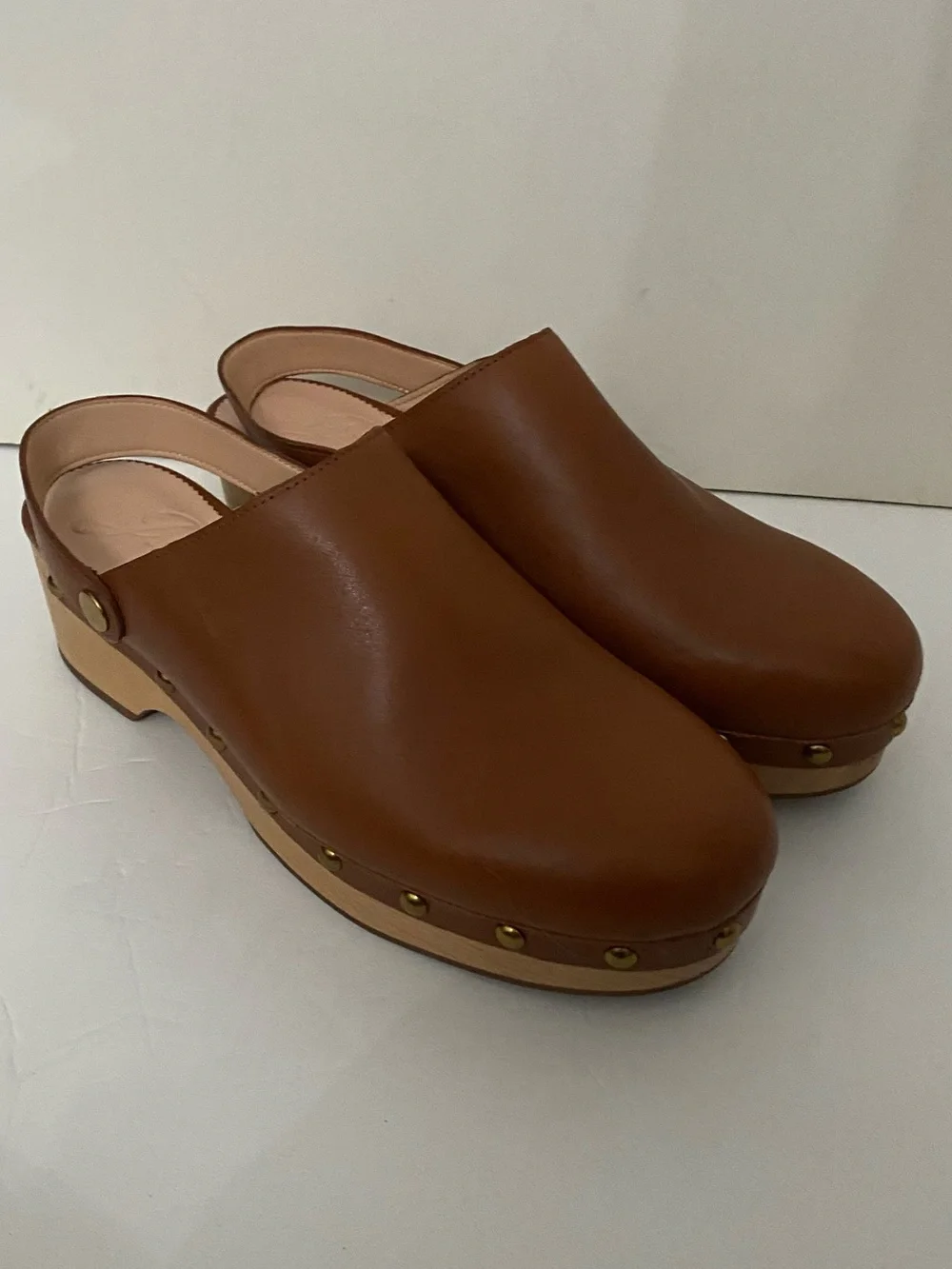 Women's Brown Leather Clog Mules with Studded Wood-Look Sole